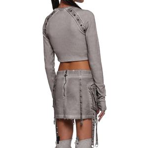 Camiseta de Manga Larga de Color Sólido, Algodón Lavado, Cuello Redondo, con Orificios para los Pulgares, Estilo Casual, para Mujer, Nuevos Estilos, Top Corto - Product Image 4