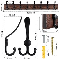 Porte-manteau mural de 32,2'' avec 8 crochets métalliques et une planche en bois de pin brun, installation facile, capacité de 30 lb, pour garage
