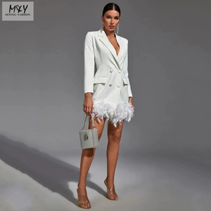 Vestido Blazer Corto con Plumas Blancas de Diseño de Moda de Londres, Vestido Casual para Mujer para Ocasiones Formales, Oficina y Trabajo con Bolsillos - Product Image 1