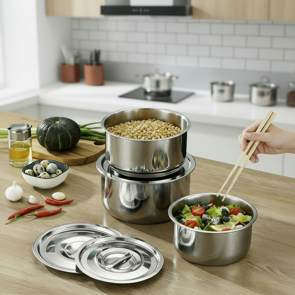 3 Pcs Stainless Steel Cooking Pot Household Multifunctional Set Basin Lid Rustproof Single Bottom Modern Simplicity Design