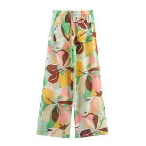 Pantaloni Lunghi in <span class=keywords><strong>Lino</strong></span> <span class=keywords><strong>Verde</strong></span> con Coulisse in Vita, Stampa Floreale, Casual e alla Moda per Donne - Product Image 2