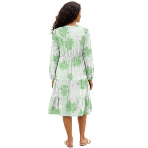 Stile vacanza isola hawaiana ibisco <span class=keywords><strong>Ulu</strong></span> foglie Design stampa personalizzata con scollo a V in vita Patchwork abiti a maniche lunghe donna - Product Image 2