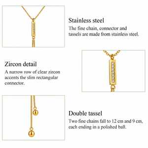 Collar Largo con Colgante en Forma de Y, Acero Inoxidable, Zirconia, Chapado al Vacío en Oro de 14K, Ajustable, 45+5.5 cm, Borla Doble - Product Image 4
