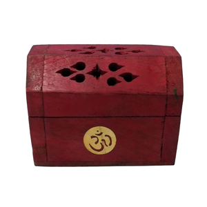 Mini Organic <b>Chinese</b> Wooden Hand Carved <b>Incense</b> Cone <b>Burner</b> Holder in Red Color with Om Inlay for Aromatherapy - Product Image 1