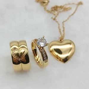 女式人造珠宝锆石钻石戒指订婚婚礼新娘套装情侣心形18k镀金吊坠饰品套装