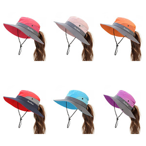 Chapeau de soleil d'été pour femmes chapeau de Protection UV extérieur à large bord chapeau de seau de queue de cheval pliable pour la pêche à la plage <span class=keywords><strong>randonnée</strong></span> - Product Image 6