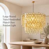 Lustre moderne de luxe en verre YH, grand luminaire suspendu rond à plusieurs niveaux en verre cannelé et laiton, pour plafond haut