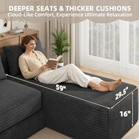 Canapé modulaire sectionnel en velours côtelé, en forme de L, trois places, réversible, convertible en chaise longue, avec dossier coussin et design sans accoudoirs