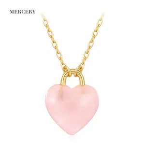 Mercery Dainty Sterling Silver Necklace Rose Quartz Heart Necklace Valentine's Day Gift Jewelry Heart Pendant Necklace For Women