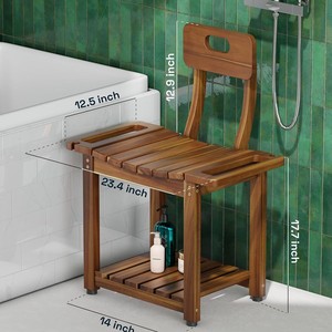 Chaise de douche en bois avec dossier, antidérapante, avec étagère de rangement, tabouret de bain pour salle de bain - Product Image 2