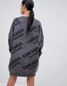 Plus Size Crew Neck <strong>Jumper</strong> Casual Dress Style <strong>With</strong> Chicago <strong>Slogan</strong> in Grey - Product Image 3