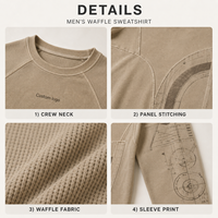 Sweatshirt Waffle Pria Kustom Lengan Raglan Model Patchwork Dekonstruksi, Atasan Crop Washed untuk Gaya Kasual Retro Jalanan