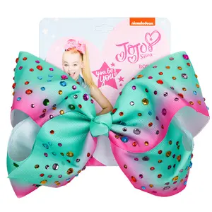 Mode 8 pouces jojo siwa accessoire fait à la main enfants bébé solide coloré strass ruban cheveux arcs pince pour les filles