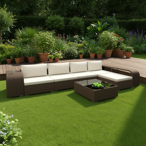 Divano da Esterno in Rattan Marrone con Cuscini Bianco Crema, Set da Giardino a 6 Posti, Design Contemporaneo - Product Image 2