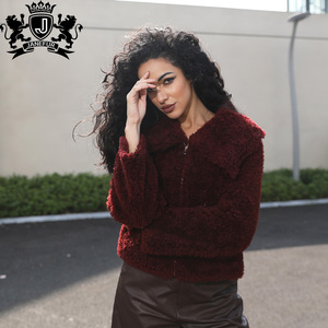 Veste en fausse fourrure de mouton Janefur pour femmes, style Y2K, col <span class=keywords><strong>marin</strong></span>, rouge vin, fermeture éclair - Product Image 5