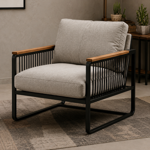 Fauteuil lounge moderne à lattes avec dossier en bois, confortable pour salon, chambre, bureau et réception - Product Image 1