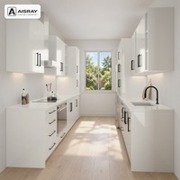 Meuble de cuisine moderne ultra-brillant avec portes à panneaux, aménagement en U, dimensions personnalisées, boîtes en panneaux de particules et tiroirs à fermeture amortie