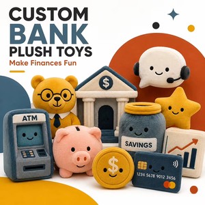 Set completo de figuras de peluche de lujo: Set de banca y finanzas, Huevo de la fortuna con burbuja de voz para servicio al cliente, y Amuleto de peluche con gráfico de acciones - Product Image 1