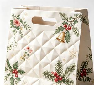 Low MOQ flat bottom thick Kraft paper debossed texture <b>bags</b> with handle for Christmas wrapping gift <b>bags</b> - Product Image 3