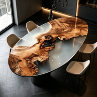 Table à manger en bois de burl naturel ovale avec résine époxy, base noire, nouveau design, assemblée