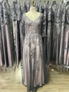 Abito da sera in tulle grigio-rosa con pizzo floreale 3D, maniche a 3/4, scollo a V, linea ad A, formale, per <span class=keywords><strong>madre</strong></span> della sposa, taglie forti, direttamente dalla fabbrica - Product Image 5