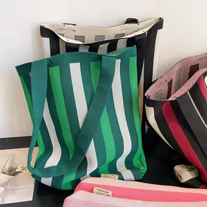 Bolsos de hombro de rayas verticales multicolores de punto de moda INS coreanos, bolsos de compras de punto de ganchillo ecológicos simples