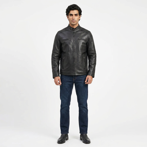 Round Snap Tab Collar Cowhide Black <b>Leather</b> <b>Jacket</b> Full Sleeves Ribbed <b>Leather</b> <b>Jacket</b> with Zippered Cuff Stylish <b>jacket</b> for <b>men</b> - Product Image 1
