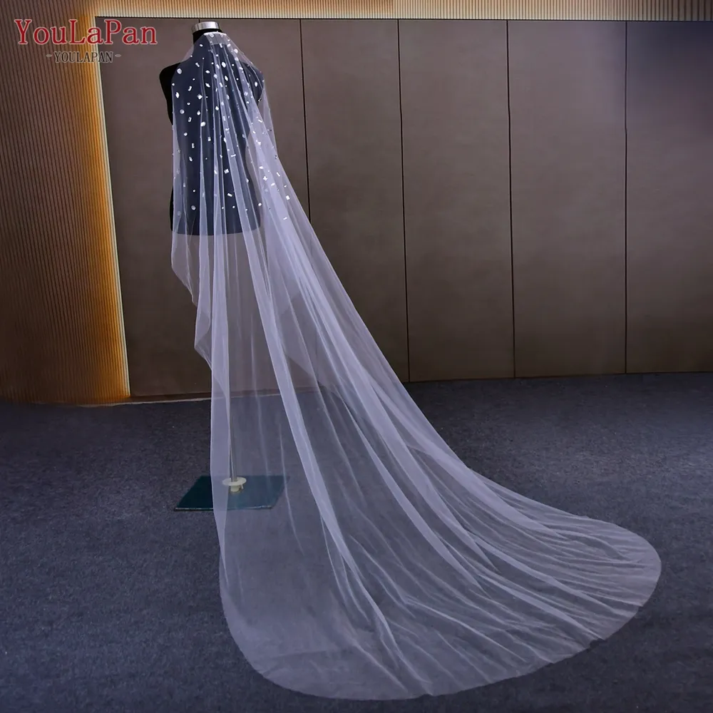 YouLaPan V177 Top Shimmering Gemstone Veil Single Layer Soft Tulle Wedding Veil With Comb Bridal Trailing Veil