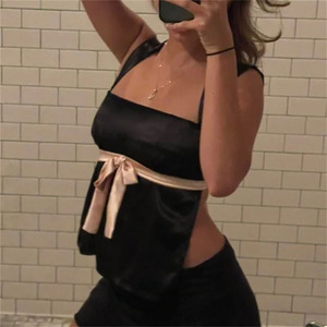 Camisole en satin pour femme, haut à nouer, color block, coupe ajustée, vêtement d'été - Product Image 4