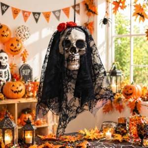 Décoration de maison hantée pour fête d'Halloween Pafu : Ornement de crâne gothique en dentelle avec voile et rose rouge, crâne suspendu effrayant pour intérieur et extérieur - Product Image 1