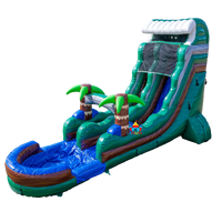 Toboggan aquatique gonflable Jungle Tropicale Palmier avec toit ondulé texture bois vert pour location de fête estivale