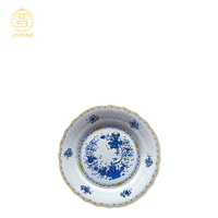 Service de table de luxe en porcelaine fine avec motif floral bleu et or véritable, ensemble d'assiettes opulentes pour mariage