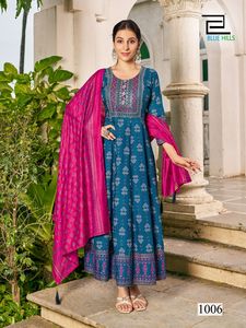 Dernière robe Anarkali à imprimé rayonne avec Dupatta Robe Anarkali brodée élégante parfaite pour les occasions de mariage et de fête - Product Image 4