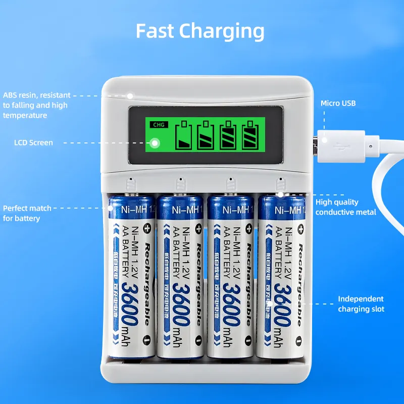 Factory Wholesale Battery Charger 4 Bay 1.2V Ni-cd Nimh Battery Charger 4 Slots Battery Charger with LCD Screen for AA AAA