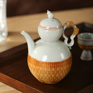 Bamboo Inlaid Porcelain Wine Set 6 Pieces Ceramic Wine Pot And Cups For Wine Serving - Product Image 3