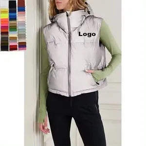 卸売カスタムロゴ寒い冬フグベストスタイリッシュな厚いクロップドジャケット女性のためのスライバーグースダウンベスト