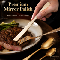 Service de Table Moderne Écologique Royal Gold 5 Pièces en Acier Inoxydable 410 Poli Miroir avec Poignée Gaufrée – Couverts pour Mariage et Hôtellerie