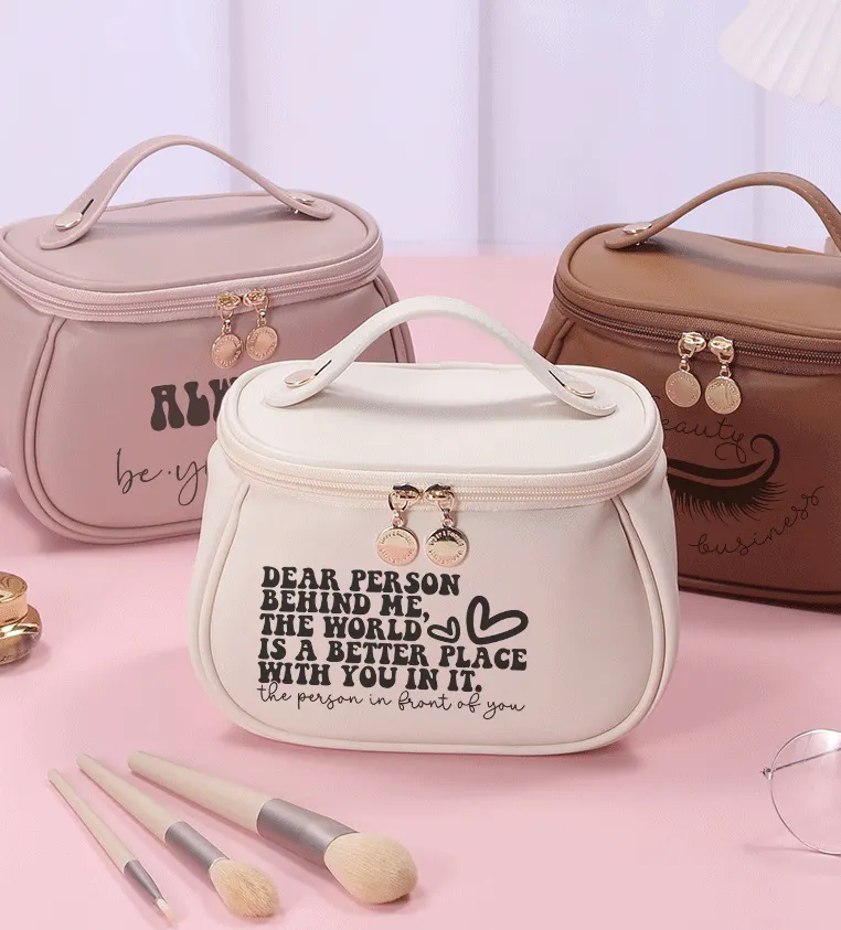 Wingtu proprio marchio Pu cerniera modello personalizzato appeso trucco cosmetico da viaggio borsa da toilette Logo personalizzato spazzola per il trucco borse con manici