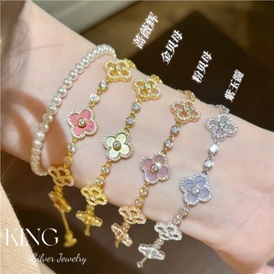 Pulsera de Plata de Ley 925 con Cinco Flores, Chapada en Oro, con Madreperla, Joyería para Uso Diario de Mujer - Product Image 2