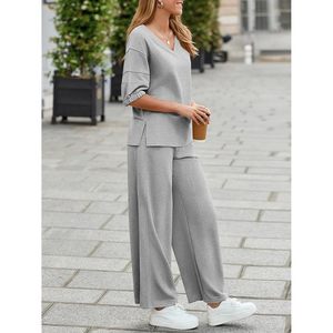 Fisoew Womens 2 Piece <b>Tracksuit</b> Set V Neck Top Wide Leg Pants Loose Casual Workout Outfit Adult Size - Product Image 4