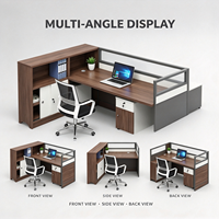 Poste de travail de bureau en L commercial avec armoire de rangement, écran de confidentialité et chaise en maille pour entreprise à domicile