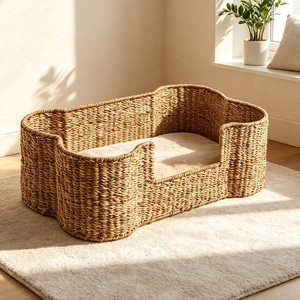 Lit pour animaux de compagnie en forme d'os, en jonc de mer, maison de repos confortable pour chats, panier pour animaux de compagnie en rotin fait main - Product Image 4
