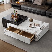 Ensemble de tables basses rondes en pierre frittée de style italien moderne et luxueux, avec base en métal doré pour salon