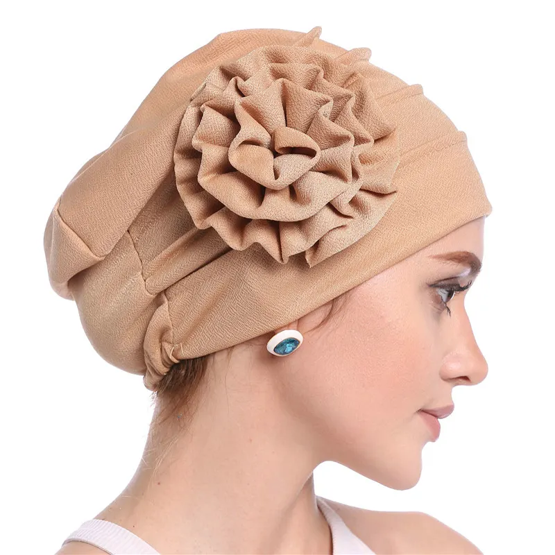 2022 Muslim Women Inner Hijab Soft Elastic Flower Headscarf Hats Solid Cotton Breathable Islam Bonnet Arab Head Wrap Turban Cap