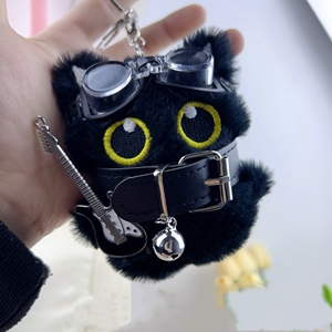 Peluches Punk Guitar kính kính thí điểm màu đen dễ thương mèo may mắn sang trọng <span class=keywords><strong>Keychain</strong></span> với chuông plushy nhồi Kitten mèo phụ kiện - Product Image 4