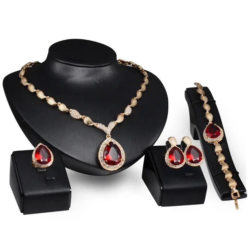 Ensemble de bijoux en alliage de saphir pour Banquet de mariée, Simple, rouge, collier, bague, boucles d'oreilles