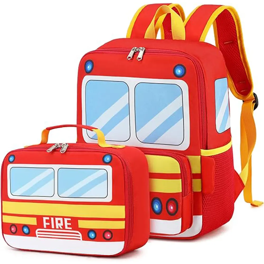 Tas ransel anak laki-laki balita, tas punggung sekolah kartun mobil api, tas Daycare taman kanak-kanak, kotak makan siang isolasi 12.2 inci, Set tas sekolah merah