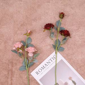 Artificial Three-Head Lover's Rose Silk Handmade Classic Floral Art Home Soft <b>Decoration</b> Graduation Wedding Arrangement Table - Product Image 4