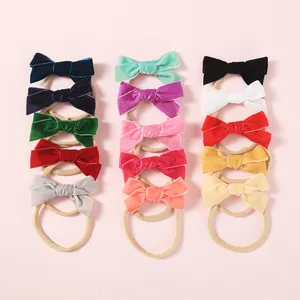 Chubby Velvet Bow Soft Nylon Headbands for Baby Girls Hand Tied Stretch Hair Bands Accessories Girls Christmas Gift Fabric Kids