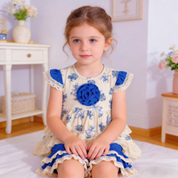 Ensemble short à volants en dentelle florale bleu royal |   Tenue décontractée mignonne et adorable pour filles |   100% coton pur, col rond, longueur genou